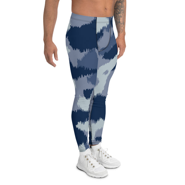 Blue Abstract Printed Men's Leggings, Designer Compression Tights For Men - Made in USA/EU/MX