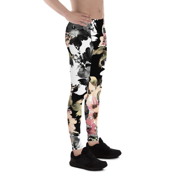 Black Pink Floral Men's Leggings, Classic Flower Print Designer Print Sexy Meggings Men's Workout Gym Tights Leggings, Men's Compression Tights Pants - Made in USA/ EU/ MX (US Size: XS-3XL) 