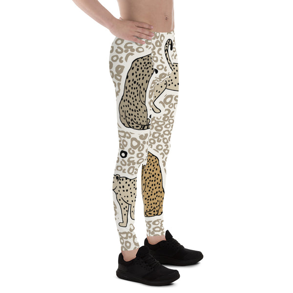Beige Cheetah Print Men's Leggings, Animal Cheetah Print Designer Sexy Meggings Men's Workout Gym Tights Leggings, Men's Compression Tights Pants - Made in USA/ EU/ MX (US Size: XS-3XL) 
