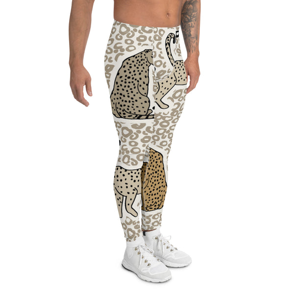 Beige Cheetah Print Men's Leggings, Animal Cheetah Print Best Designer Meggings Tights-Made in USA/EU/MX