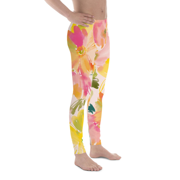 Pink Orange Floral Men's Leggings, Classic Flower Print Designer Print Sexy Meggings Men's Workout Gym Tights Leggings, Men's Compression Tights Pants - Made in USA/ EU/ MX (US Size: XS-3XL) 
