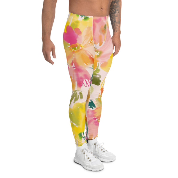 Pink Orange Floral Men's Leggings, Classic Flower Print Best Designer Compression Tights For Men-Made in USA/EU/MX