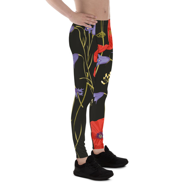 Red Poppy Floral Men's Leggings, Classic Flower Print Designer Print Sexy Meggings Men's Workout Gym Tights Leggings, Men's Compression Tights Pants - Made in USA/ EU/ MX (US Size: XS-3XL) 