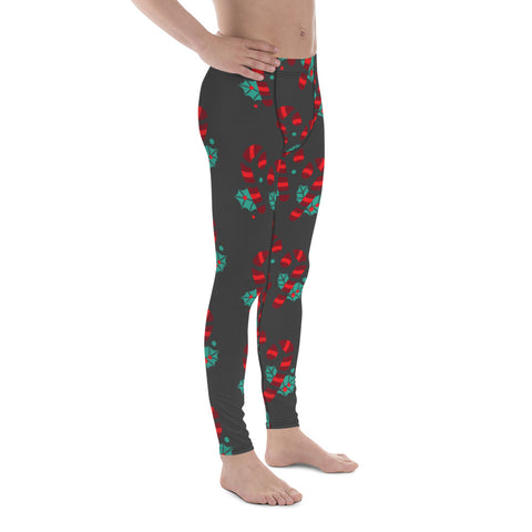 Grey Candy Cane Men's Leggings, Grey and Red Colorful Christmas Candy Cane Men's tights, Best Designer Christmas Candy Cane Print Sexy Meggings Men's Workout Gym Tights Leggings, Men's Compression Tights Pants - Made in USA/ EU/ MX (US Size: XS-3XL) 