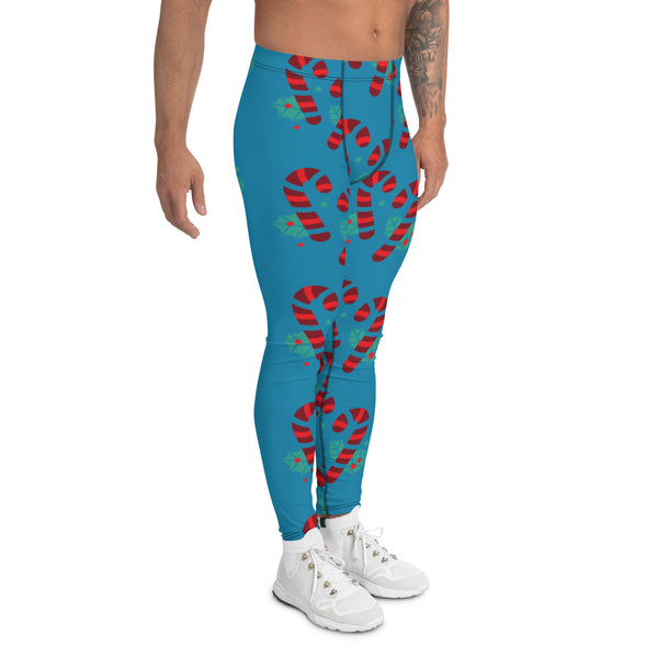 Blue Candy Cane Men's Leggings, Blue and Red Colorful Christmas Candy Cane Style Gym Tights For Men - Made in USA/EU/MX