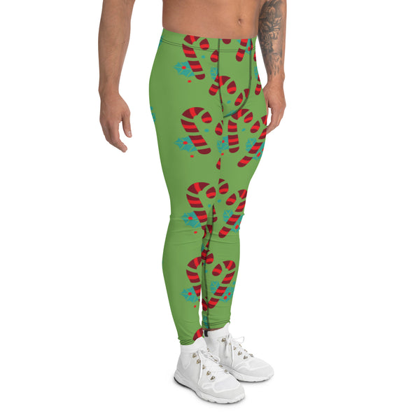 Green Candy Cane Men's Leggings, Black and Red Colorful Christmas Candy Cane Style Gym Tights For Men - Made in USA/EU/MX