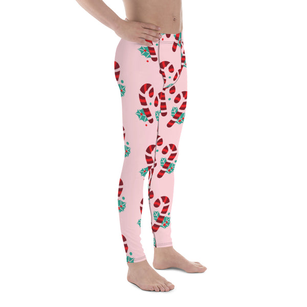 Pink Candy Cane Men's Leggings, Pink and Red Colorful Christmas Candy Cane Men's tights, Best Designer Christmas Candy Cane Print Sexy Meggings Men's Workout Gym Tights Leggings, Men's Compression Tights Pants - Made in USA/ EU/ MX (US Size: XS-3XL) 