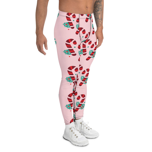 Pink Candy Cane Men's Leggings, Pink and Red Colorful Christmas Candy Cane Style Gym Tights For Men - Made in USA/EU/MX