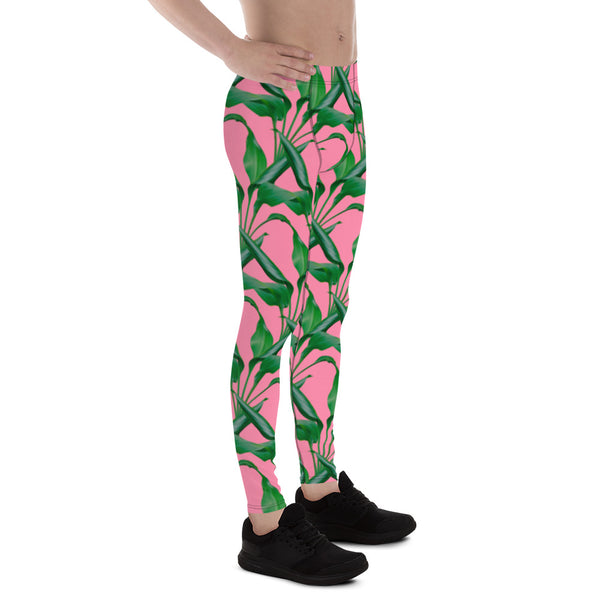 Green Pink Tropical Men's Leggings, Tropical Leaves Print Designer Print Sexy Meggings Men's Workout Gym Tights Leggings, Men's Compression Tights Pants - Made in USA/ EU/ MX (US Size: XS-3XL) 