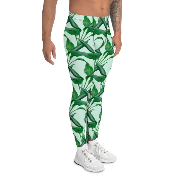 Pastel Green Tropical Men's Leggings, Tropical Leaves Print Designer Print Sexy Meggings Men's Workout Gym Tights Leggings, Men's Compression Tights Pants - Made in USA/ EU/ MX (US Size: XS-3XL) 