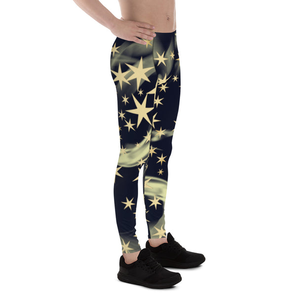 Black Starry Print Men's Leggings, Lucky Star Print Abstract Designer Print Sexy Meggings Men's Workout Gym Tights Leggings, Men's Compression Tights Pants - Made in USA/ EU/ MX (US Size: XS-3XL) 