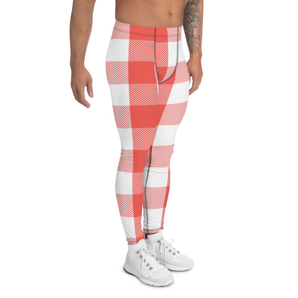 Red White Plaid Print Meggings, Faded Red and White Plaid Print Sexy Meggings Men's Workout Gym Tights Leggings, Men's Compression Tights Pants - Made in USA/ EU/ MX (US Size: XS-3XL) 