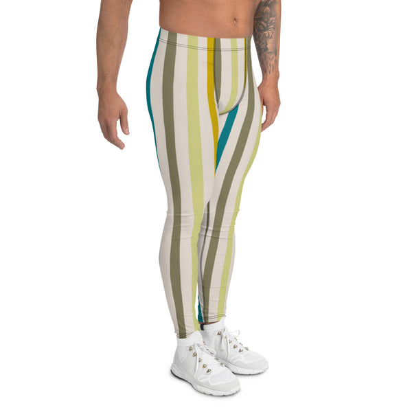 Green Stripes Best Men's Leggings, Colorful Vertically Striped Meggings Running Tights-Made in USA/EU/MX