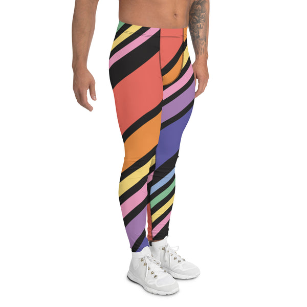 Black Rainbow Stripes Meggings, Colorful Patterned Designer Best Men's Leggings, Designer Print Sexy Meggings Men's Workout Gym Tights Leggings, Men's Compression Tights Pants - Made in USA/ EU/ MX (US Size: XS-3XL) 