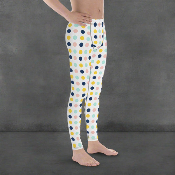 Blue Yellow Dotted Men's Leggings, Dots Pattern Abstract Designer Print Sexy Meggings Men's Workout Gym Tights Leggings, Men's Compression Tights Pants - Made in USA/ EU/ MX (US Size: XS-3XL)&nbsp;