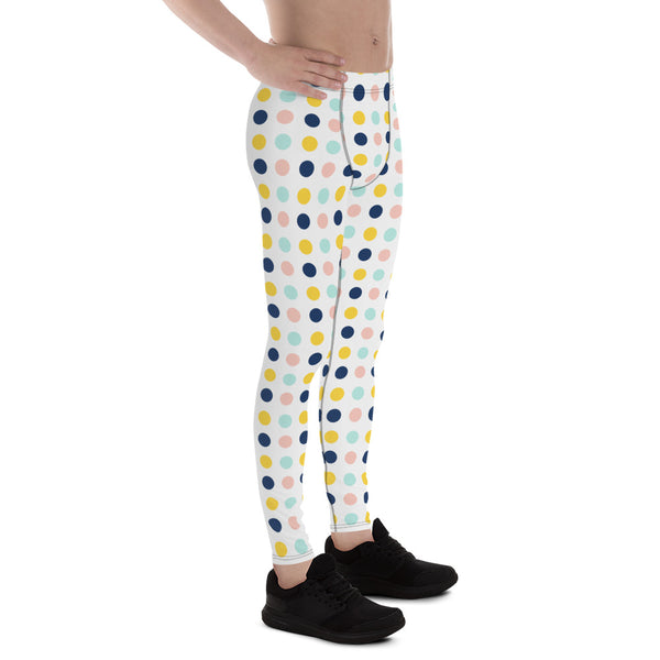 Blue Yellow Dotted Men's Leggings, Dots Pattern Abstract Designer Print Sexy Meggings Men's Workout Gym Tights Leggings, Men's Compression Tights Pants - Made in USA/ EU/ MX (US Size: XS-3XL)&nbsp;