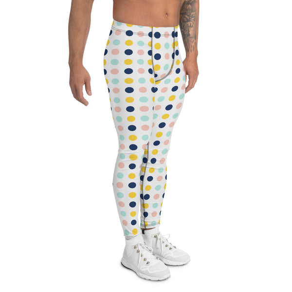 Blue Yellow Dotted Men's Leggings, Dots Pattern Abstract Designer Print Sexy Meggings Men's Workout Gym Tights Leggings, Men's Compression Tights Pants - Made in USA/ EU/ MX (US Size: XS-3XL)&nbsp;