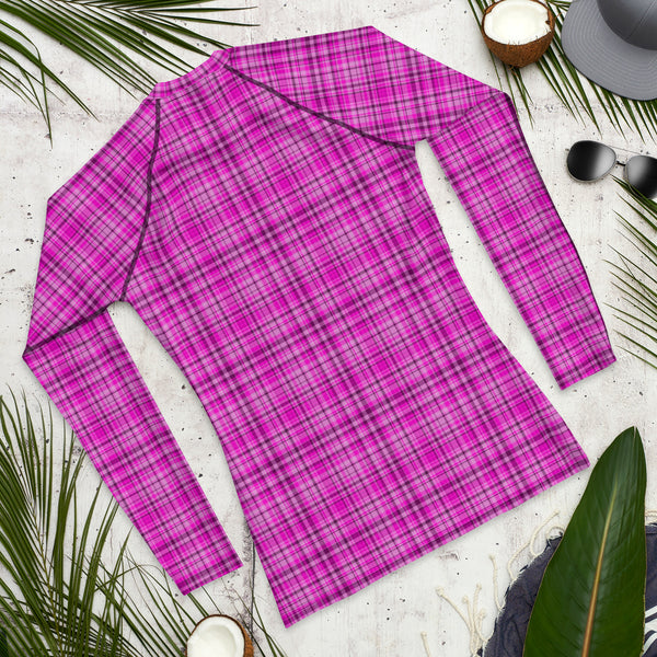 Pink Plaid Print Rash Guard, Plaid Print Best Men's Rash Guard UPF 50+ Long Sleeves Fitted Designer Polyester Spandex Moisture-Wicking Four Way Stretch Elastic Sportswear For Water Sports Wear - Made in USA/EU/MX (US Size: XS-3XL)