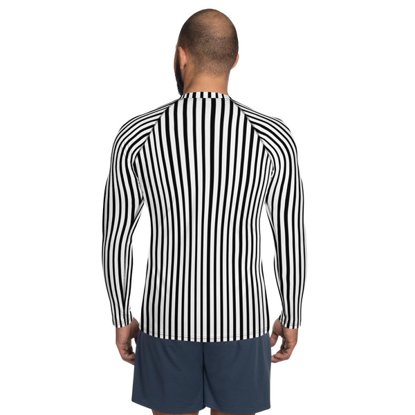 Black White Striped Rash Guard, Vertical Striped Designer Men's Rash Guards For Water Sports - Made in USA/EU/MX