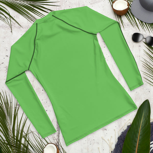 Green Solid Color Men's Top, Best Men's Rash Guard UPF 50+ Long Sleeves Designer Polyester Spandex Sportswear