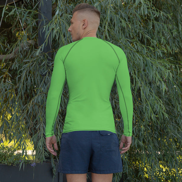 Bright Green Solid Color Men's Top, Bright Green Color Best Men's Rash Guard UPF 50+ Long Sleeves Fitted Designer Polyester Spandex Moisture-Wicking Four Way Stretch Elastic Sportswear For Water Sports Wear - Made in USA/EU/MX (US Size: XS-3XL)