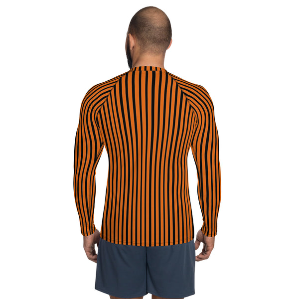 Orange Black Striped Men's Top, Vertical Striped Designer Men's Rash Guards For Water Sports - Made in USA/EU/MX