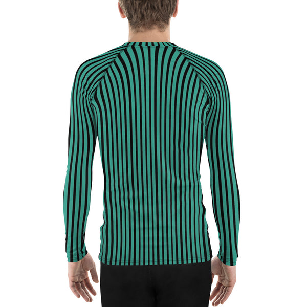 Green Striped Printed Men's Top, Green Black Stripes Print Best Men's Rash Guard UPF 50+ Long Sleeves Designer Polyester Spandex Sportswear