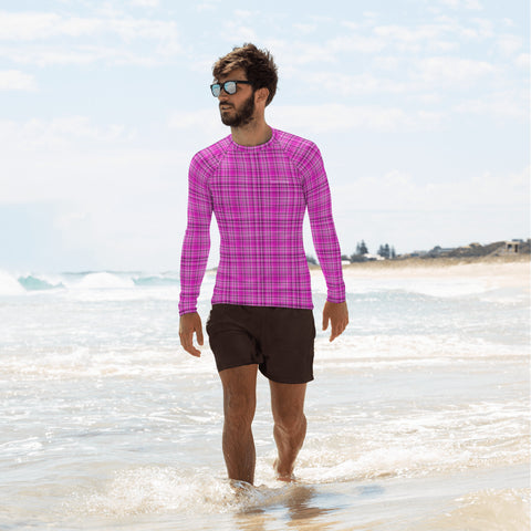 Pink Plaid Print Rash Guard, Plaid Print Best Men's Rash Guard UPF 50+ Long Sleeves Fitted Designer Polyester Spandex Moisture-Wicking Four Way Stretch Elastic Sportswear For Water Sports Wear - Made in USA/EU/MX (US Size: XS-3XL)