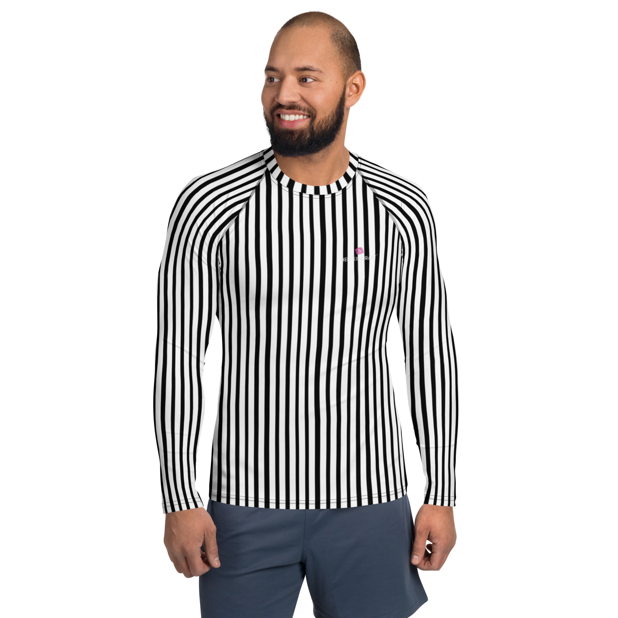 Black White Striped Men's Top, White Black Stripes Print Best Men's Rash Guard UPF 50+ Long Sleeves Fitted Designer Polyester Spandex Moisture-Wicking Four Way Stretch Elastic Sportswear For Water Sports Wear - Made in USA/EU/MX (US Size: XS-3XL)