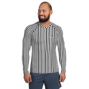 Black White Striped Men's Top, White Black Stripes Print Best Men's Rash Guard UPF 50+ Long Sleeves Fitted Designer Polyester Spandex Moisture-Wicking Four Way Stretch Elastic Sportswear For Water Sports Wear - Made in USA/EU/MX (US Size: XS-3XL)