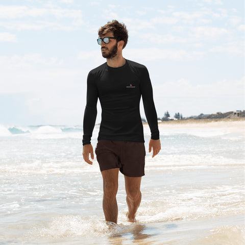 Black Solid Color Men's Top, Best Men's Rash Guard UPF 50+ Long Sleeves Fitted Designer Polyester Spandex Moisture-Wicking Four Way Stretch Elastic Sportswear For Water Sports Wear - Made in USA/EU/MX (US Size: XS-3XL)