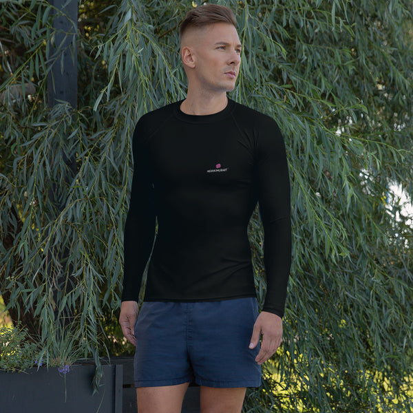 Black Solid Color Men's Top, Best Men's Rash Guard UPF 50+ Long Sleeves Fitted Designer Polyester Spandex Moisture-Wicking Four Way Stretch Elastic Sportswear For Water Sports Wear - Made in USA/EU/MX (US Size: XS-3XL)