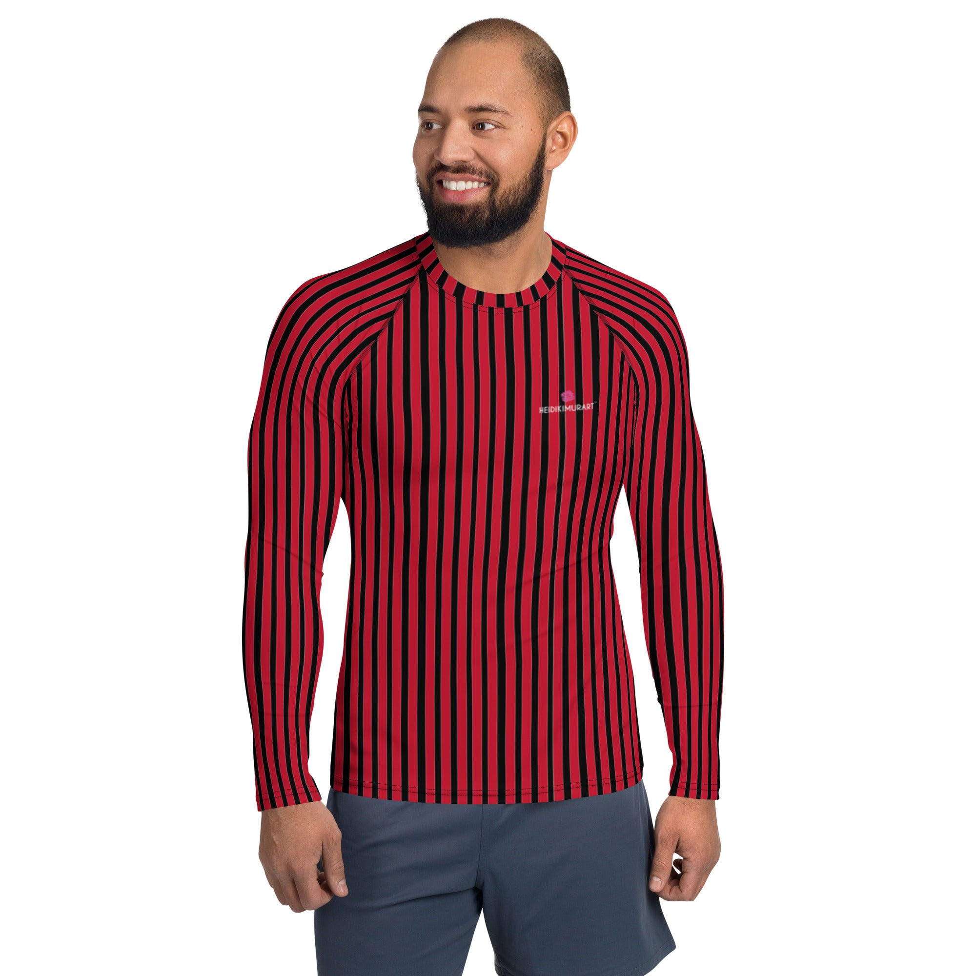 Red Striped Printed Men's Top, Red Black Stripes Print Best Men's Rash Guard UPF 50+ Long Sleeves Fitted Designer Polyester Spandex Moisture-Wicking Four Way Stretch Elastic Sportswear For Water Sports Wear - Made in USA/EU/MX (US Size: XS-3XL)
