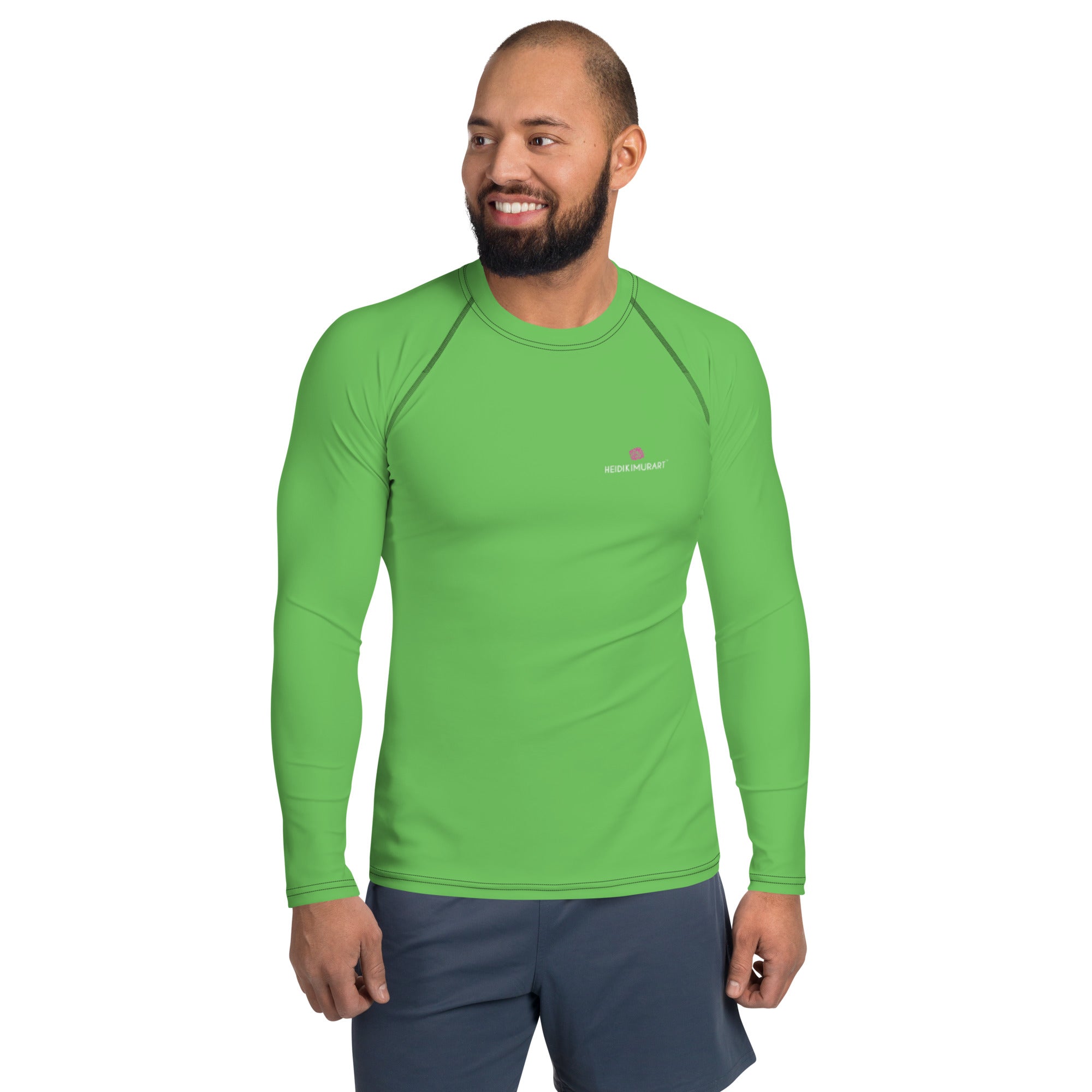 Green Solid Color Men's Top, Best Men's Rash Guard UPF 50+ Long Sleeves  Designer Polyester Spandex Sportswear