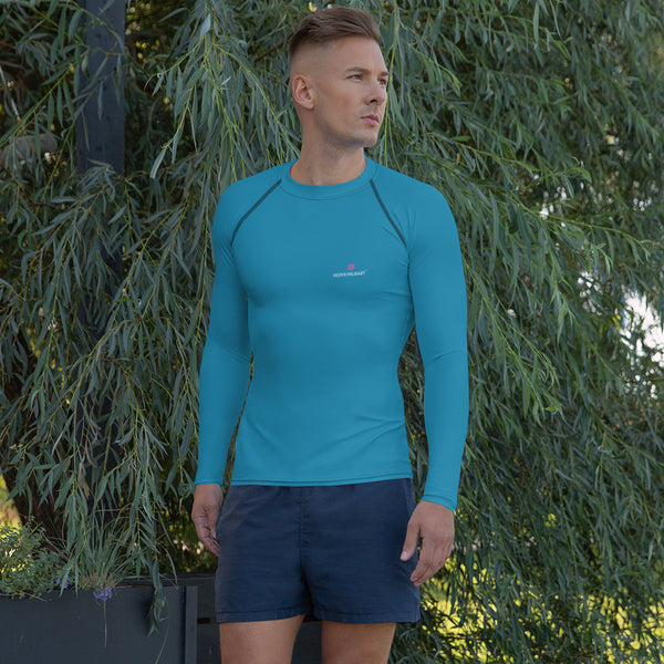 Blue Solid Color Men's Top, Best Men's Rash Guard UPF 50+ Long Sleeves Fitted Designer Polyester Spandex Moisture-Wicking Four Way Stretch Elastic Sportswear For Water Sports Wear - Made in USA/EU/MX (US Size: XS-3XL)