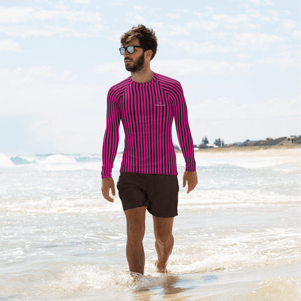 Pink Striped Printed Men's Top, Pink Black Stripes Print Best Men's Rash Guard UPF 50+ Long Sleeves Fitted Designer Polyester Spandex Moisture-Wicking Four Way Stretch Elastic Sportswear For Water Sports Wear - Made in USA/EU/MX (US Size: XS-3XL)