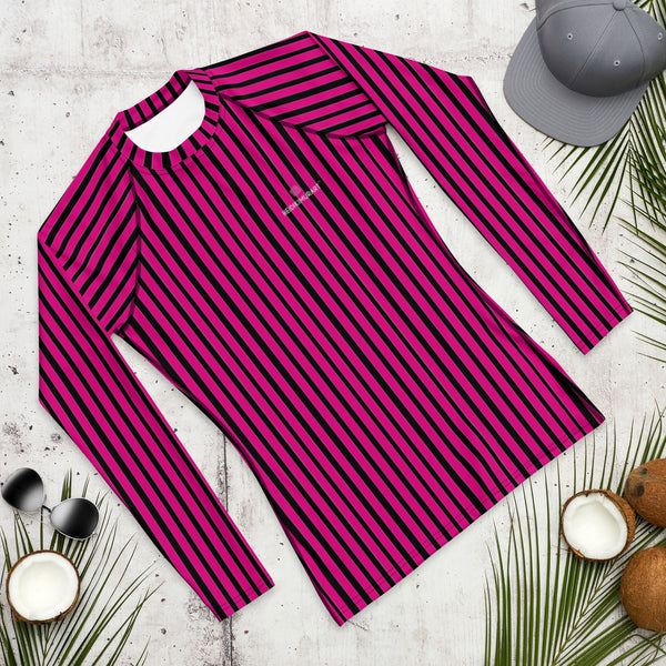 Pink Striped Printed Men's Top, Pink Black Stripes Print Best Men's Rash Guard UPF 50+ Long Sleeves Fitted Designer Polyester Spandex Moisture-Wicking Four Way Stretch Elastic Sportswear For Water Sports Wear - Made in USA/EU/MX (US Size: XS-3XL)