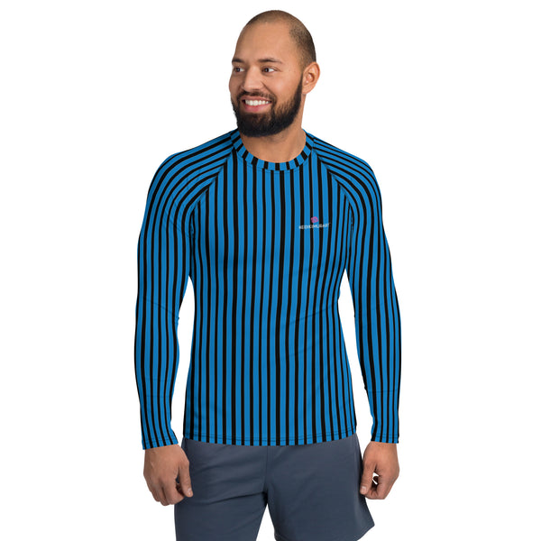 Black Blue Striped Men's Top, Blue Black Stripes Print Best Men's Rash Guard UPF 50+ Long Sleeves Fitted Designer Polyester Spandex Moisture-Wicking Four Way Stretch Elastic Sportswear For Water Sports Wear - Made in USA/EU/MX (US Size: XS-3XL)