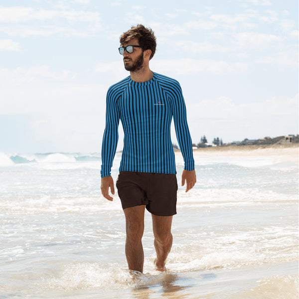 Black Blue Striped Men's Top, Blue Black Stripes Print Best Men's Rash Guard UPF 50+ Long Sleeves Fitted Designer Polyester Spandex Moisture-Wicking Four Way Stretch Elastic Sportswear For Water Sports Wear - Made in USA/EU/MX (US Size: XS-3XL)