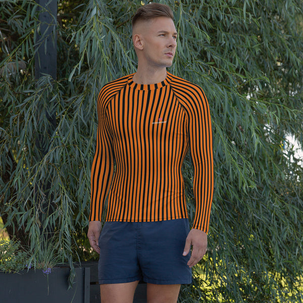 Orange Striped Printed Men's Top, Orange Black Stripes Print Best Men's Rash Guard UPF 50+ Long Sleeves Fitted Designer Polyester Spandex Moisture-Wicking Four Way Stretch Elastic Sportswear For Water Sports Wear - Made in USA/EU/MX (US Size: XS-3XL)
