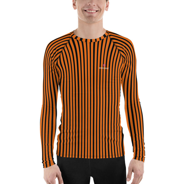 Orange Striped Printed Men's Top, Orange Black Stripes Print Best Men's Rash Guard UPF 50+ Long Sleeves Fitted Designer Polyester Spandex Moisture-Wicking Four Way Stretch Elastic Sportswear For Water Sports Wear - Made in USA/EU/MX (US Size: XS-3XL)