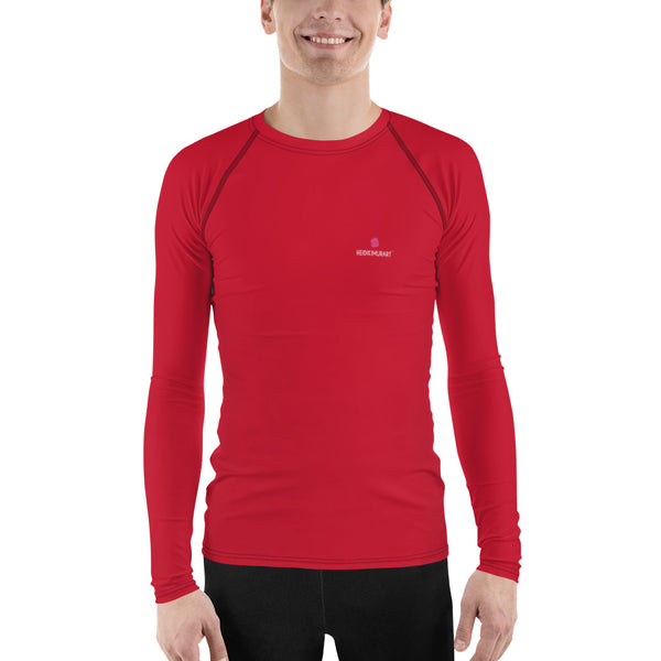 Red Solid Color Men's Top, Best Men's Rash Guard UPF 50+ Long Sleeves Fitted Designer Polyester Spandex Moisture-Wicking Four Way Stretch Elastic Sportswear For Water Sports Wear - Made in USA/EU/MX (US Size: XS-3XL)