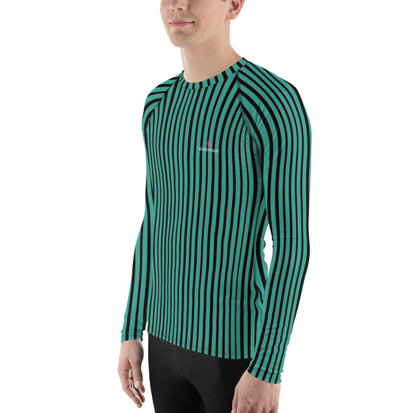 Green Striped Printed Men's Top, Green Black Stripes Print Best Men's Rash Guard UPF 50+ Long Sleeves Fitted Designer Polyester Spandex Moisture-Wicking Four Way Stretch Elastic Sportswear For Water Sports Wear - Made in USA/EU/MX (US Size: XS-3XL)