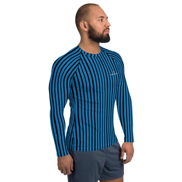 Blue Black Striped Men's Top, Vertical Striped Designer Men's Rash Guards For Water Sports - Made in USA/EU/MX