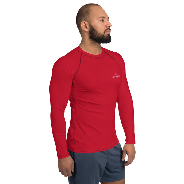 Red Solid Color Men's Top, Best Men's Rash Guard UPF 50+ Long Sleeves Designer Polyester Spandex Sportswear