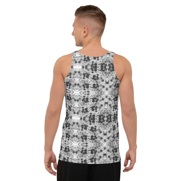 Black Floral Unisex Tank Top, Grey Flower Print Abstract Flower Printed Modern Best Premium Unisex Men's/ Women's Stylish Premium Quality Men's Unisex Tank Top - Made in USA/ Europe/ Mexico (US Size: XS-2XL)