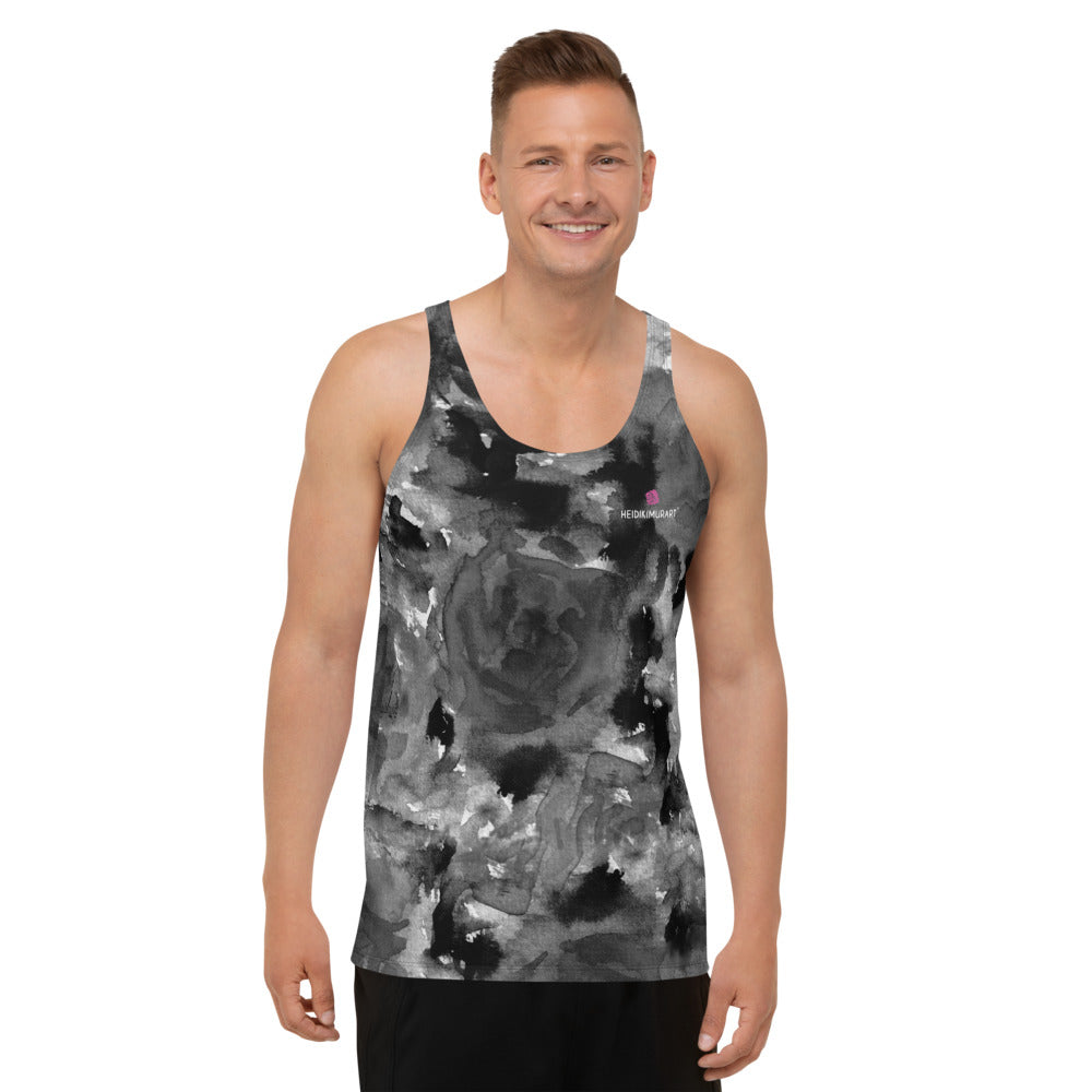 Grey Floral Print Tank Top, Abstract Floral Rose Modern Best Premium Unisex Men's/ Women's Stylish Premium Quality Men's Unisex Tank Top - Made in USA/ Europe/ Mexico (US Size: XS-2XL)