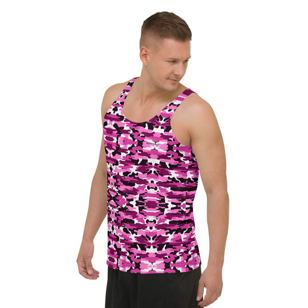 Pink Camo Unisex Tank Top, Camouflage Army Military Printed Modern Best Premium Unisex Men's/ Women's Stylish Premium Quality Men's Unisex Tank Top - Made in USA/ Europe/ Mexico (US Size: XS-2XL)