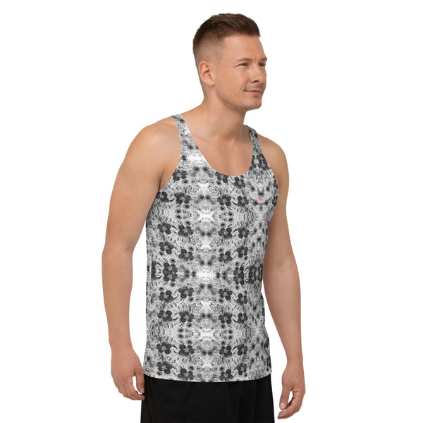 Black Floral Unisex Tank Top, Grey Flower Print Abstract Flower Printed Modern Best Premium Unisex Men's/ Women's Stylish Premium Quality Men's Unisex Tank Top - Made in USA/ Europe/ Mexico (US Size: XS-2XL)