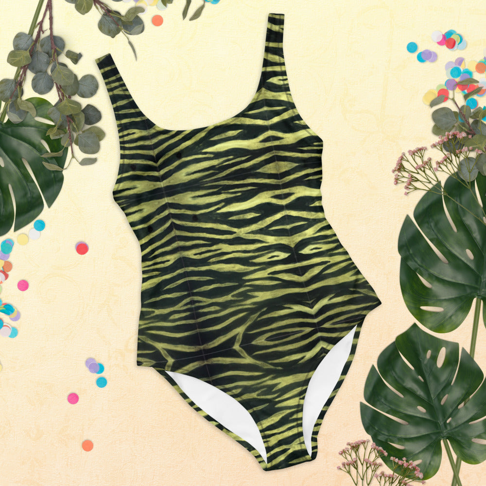Yellow Tiger One-Piece Swimsuit, Animal Print Tiger Stripes Best Animal Print Luxury 1-Piece Unpadded Swimwear Bathing Suits, Beach Wear - Made in USA/EU/MX (US Size: XS-3XL) Plus Size Available